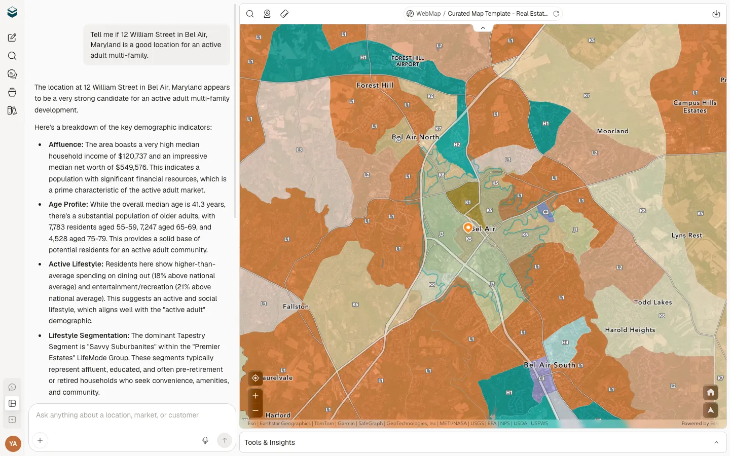 Curated Intelligence™ answering a real estate location query alongside a live demographic map
