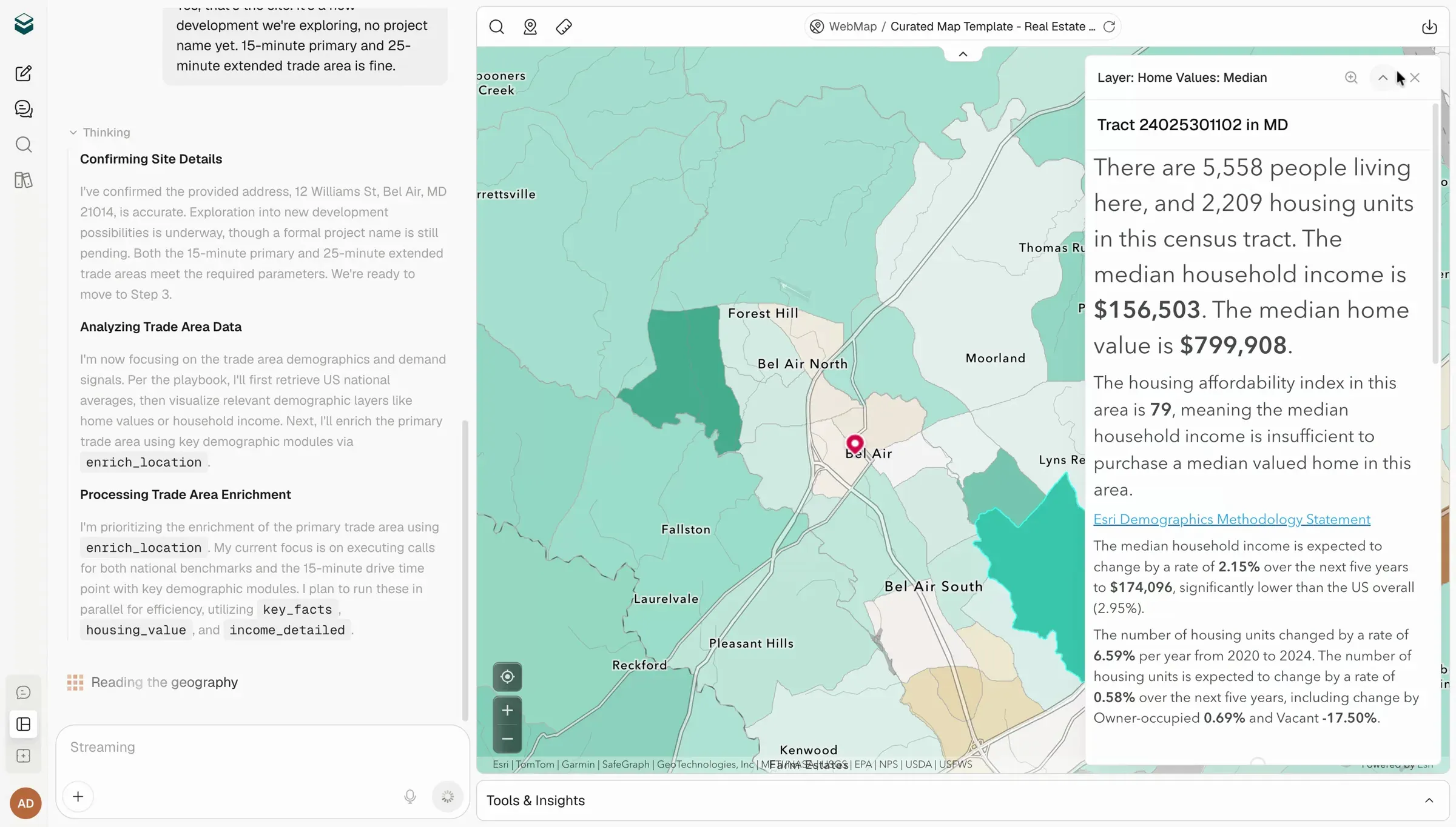 The Curated workspace — conversation on the left, an enriched demographic map on the right, layers and tools beneath